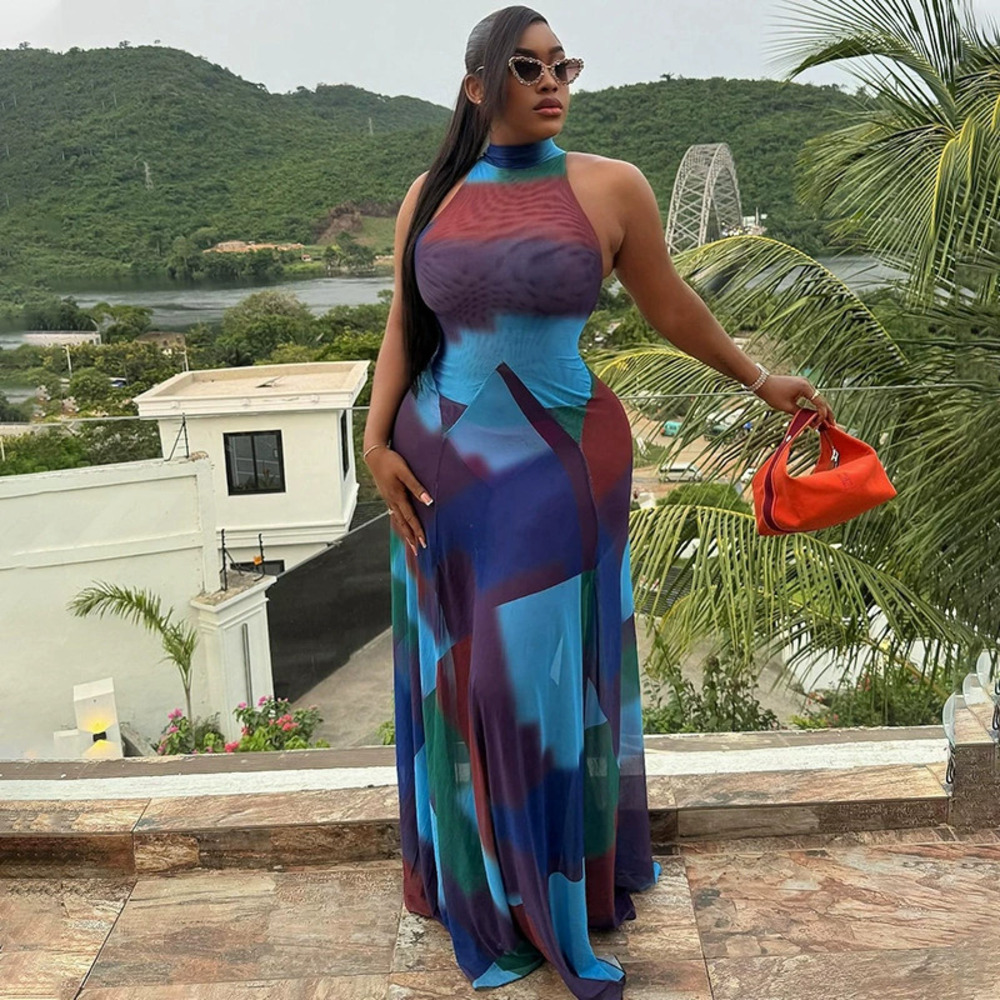 Chic Print Stand Collar Cinched Ruched Bodycon Sleeveless Colorblock Long Dress